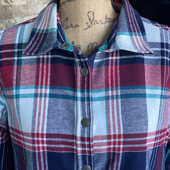 Orvis long sleeve snap closure fleece lined navy red white green shacket flannel - Picture 2 of 15